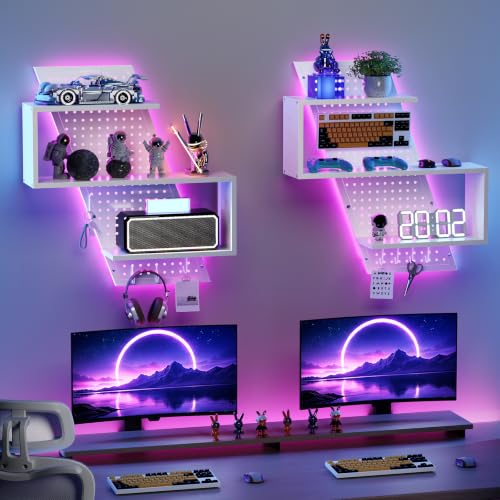 S-Shaped Gaming Floating Shelf with LED Light Strip, 3 Tier Wall Floating Shelf with Pegboard & 4 Removable Hooks, for Bedroom, Game Room, Living Room, Study, White - color: White