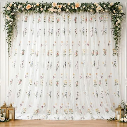 Tegeme 10x10 ft Wildflower Decor Backdrop Curtains Embroidery Sheer Floral