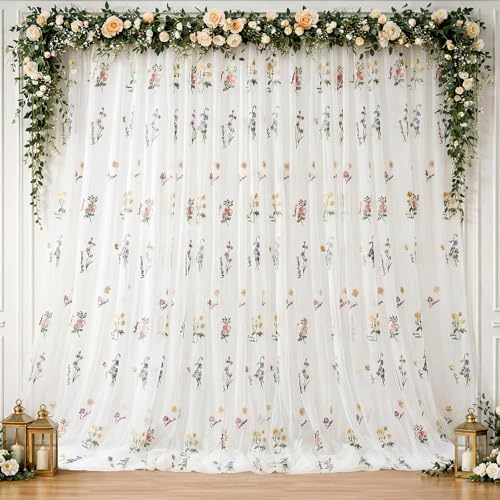 Tegeme 10x10 ft Wildflower Decor Backdrop Curtains Embroidery Sheer Floral