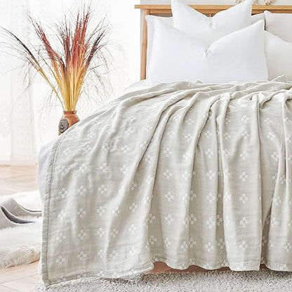 jinchan 100% Cotton Muslin Blanket Twin Boho Throw Blanket 50x60 Oatmeal - color: B. Cross Grey, size: 50"x60"
