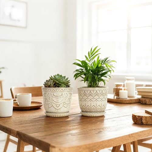 Gepege Ceramic Plant Pots, 6 Inch Indoor Planters with Drainage & Saucers - color: White-c, size: 6 Inch - Set of 2