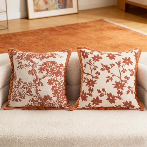 Maple Leaf Plant Pillow Cover for Couch Modern Cream Style Pillow Covers Snow Neil Courtyard Home Pillow Cover 2-Pack Set for Living Room Sofa Bed, Flower Plant Style(Orange, 18 * 18 inch) - color: Leaf + Branch Orange