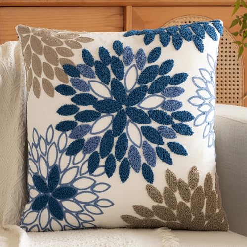 Blue Khaki Dahlia Embroidered Throw Pillow Covers Home Decor - color: Blue Grey Dahlia