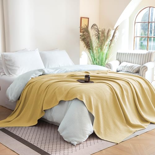 Simple&Opulence 100% Cotton Waffle Blanket, Twin 66"x90", Light Yellow - color: Light Yellow, size: Twin(66"x90")
