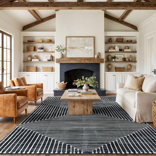 Rugshop Bohemian Stripes Marbella Non-Slip Washable Area Rug Black 9' x 12' - color: Black, size: 9' x 12' (Rectangular)