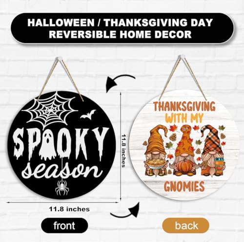 Halloween Door Sign Thankgiving Halloween Fall Reversible Wall Front Door Sign Decorations Spooky Season Ghost Wreath Hanger Outdoor Porch Decor For Home Bedroom Kitchen Office - color: Spooky