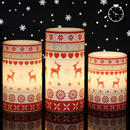 GenSwin Flameless Flickering Led Candles Battery Operated with 6 Hours Timer, Real Wax Pillar Candles Warm Light Love Deer Decal Decor Gift(Pack of 3) - color: Red Deer