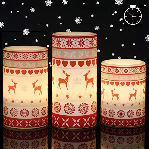 GenSwin Flameless Flickering Led Candles Battery Operated with 6 Hours Timer, Real Wax Pillar Candles Warm Light Love Deer Decal Decor Gift(Pack of 3) - color: Red Deer