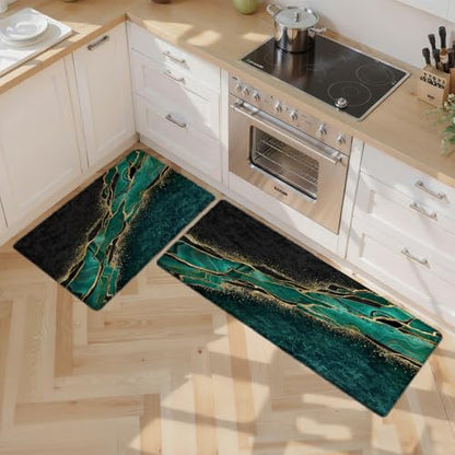 Kitchen Mats Set of 2, Cushioned Anti Fatigue Non Slip Waterproof Runner, Green and Gold Marble Design, PVC Memory Foam for Kitchen Sink and Laundry - color: Green Marble 1
