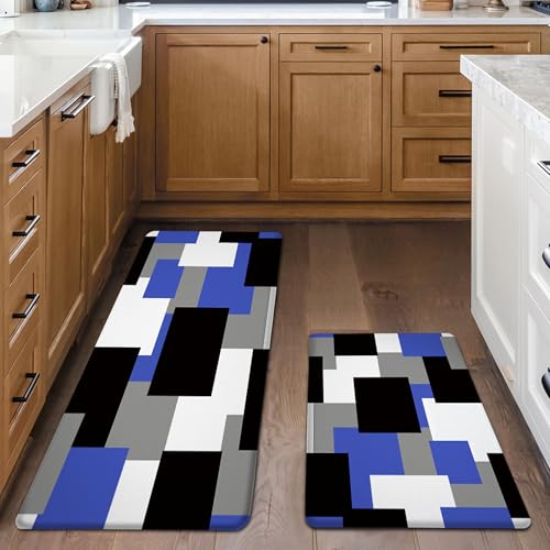Tyrot Blue Kitchen Rugs Set of 2 Cushioned Anti Fatigue Kitchen Mats for Floor Non-Slip Waterproof Kitchen Floor Mats Geometric Ergonomic Cushioned Comfort Standing Mat for Laundry, Office, Sink - color: Blue