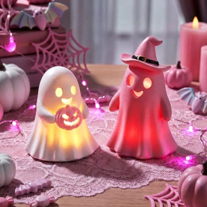 Fumete 2 Pcs Pink Halloween Decorations Indoor, Light Up Cute Ghost Couple - style: Pink Ghosts