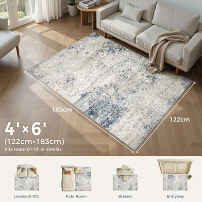 DMOYEST Area Rug Living Room Rugs 4x6 Washable Abstract Beige Blue Carpet - color: Beige Blue, size: 4' x 6' (Rectangular)