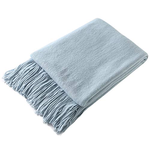 Homiest Pale Blue Knitted Throw Blanket with Fringe, 50x60 Inch - color: Baby Blue, size: 50" x 60"