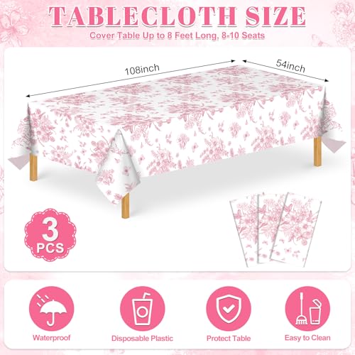3 Pcs Pink Floral Plastic Tablecloths, Disposable Wedding Table Cloth - color: Pink Floral