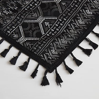Black Boho Sheer Lace Window Curtains with Tassel, 40" Wx95 Lx2 - color: Black, size: 40"W x 95"L (Pack of 2)