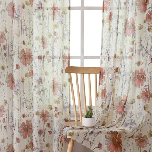 OWENIE Crushed Sheer Curtains 90 Inch Length 2 Panels Set, Sheer Floral Curtains Printed Drapes on Sheers for Living Room, Rod Pocket Light Filtering Window Sheers 51" W x 90" L - size: 51"W x 90"L (Pack of 2)