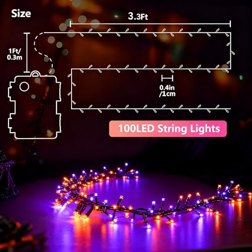 Orange & Purple Hallowee Twinkle Lights Battery Operated, 3.3ft 100 LED Outdoor String Lights 8 Modes Waterproof for Home, Garden, Patio, Indoor, Holiday Party - color: orangepurple