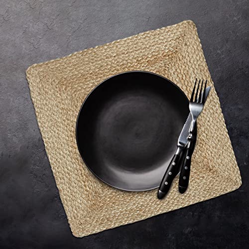 Revive Jute Placemats Set of 4-14 x 14 inch Square Natural Table Mats, Boho Heat Resistant Rustic Farmhouse Kitchen countertop & Wooden Dining Table