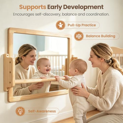 Montessori Mirror with Pull Up Bar, 23.6 x 15.7 in Natural Wood Frame & Shatter-Resistant Acrylic Baby Mirror for Floor and Wall, Tummy Time and Pull-to-Stand Practice - size: 23.6 x 15.7 inches