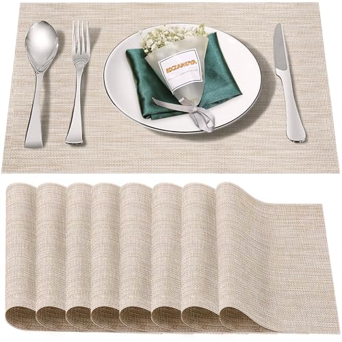 Beige White Vinyl Placemats Set of 8,Washable PVC Table Mats | Heat resistant, stain resistant non slip vinyl place mats, washable beige white table placemats for dining table - color: Beige-a, size: 8PCS 12"Wx18"L