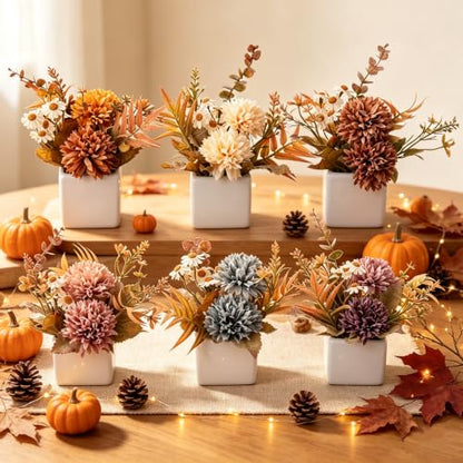 6PCS Artificial Fall Flowers with Ceramic Vases – Chrysanthemums & Daisies - color: Fall Multicolor
