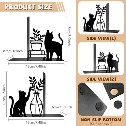 Metal Bookends Cat and Vase Book Ends for Shelves - color: Black - 1 Pair Cat & Vase