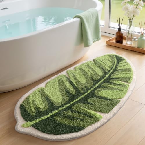 LUMI Cute Bathroom Rug Green Leaf, Absorbent Non Slip Bath Mat, 24"x48" - color: Ample Palm Leaf-large