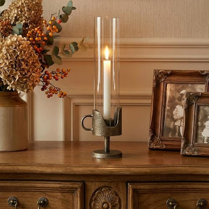 Handcrafted Cast Iron Base Hurricane Candle Holder with Glass Shade