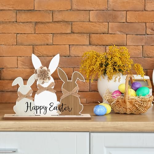 Colingmill 3 Pcs Easter Bunny Wood Centerpiece, Removable Base Burlap Bow