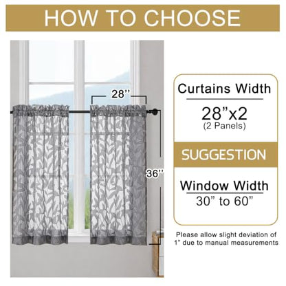 OWENIE Leyna Grey Sheer Curtain 36 Inch Length Cafe Curtains 2 Panels - color: Charcoal Gray, size: 28"W x 36"L (Pack of 2)