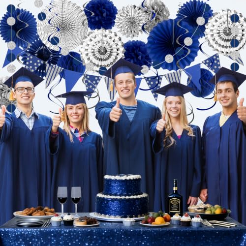 24 Pcs Blue Silver Party Decorations, Paper Fans Pom Poms Banner 8-16 in - color: Blue and Silver