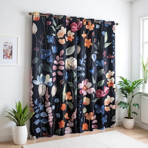 Floral Blackout Curtains 108 Inch Long 2 Panels Set Grommet Colorful Big Flower Patterned Thermal Insulated Black Out Room Darkening Thick Window Drapes for Bedroom Living Room 52 x 108 inch - color: Black Colorful, size: 52"W x 108"L (Pack of 2)