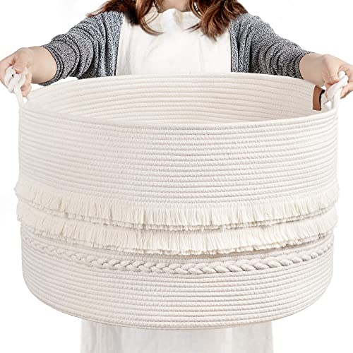 CherryNow 90L Large Woven Rope Blanket Basket with Tassel, 22" x 14", White - color: Off-white, size: 83L (22"W x 14"H)