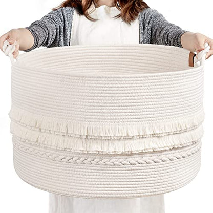 CherryNow 90L Large Woven Rope Blanket Basket with Tassel, 22" x 14", White - color: Off-white, size: 83L (22"W x 14"H)
