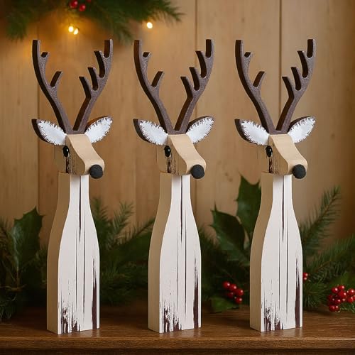 Syhood 3 Pcs Rustic Christmas Table Decorations, Wooden Reindeer Figurines - style: Christmas Reindeer