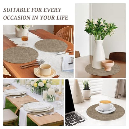 13" Round Placemats Set of 6, Reversible Faux Leather Wipeable Table Mats - color: Light Coffee