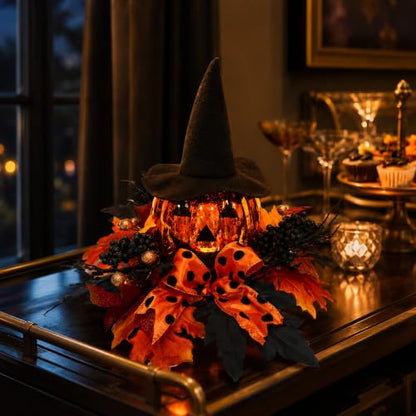 Svndlyn 15 Inch Lighted Halloween Pumpkin Decor with Witch Hat and Bow