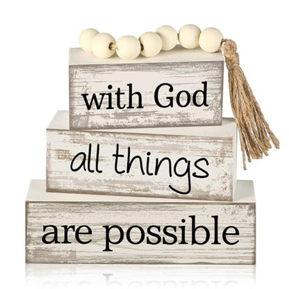 Yuntau 4 Pcs Farmhouse Christian Table Decor with Beads Tassel Block Sign - style: Farmhouse