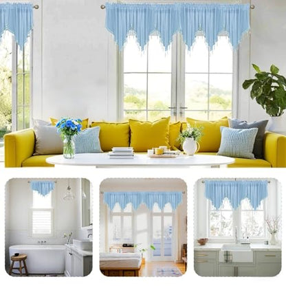 WUBODTI Blue Beaded Sheer Valance Curtains for Windows, Triangle Sheer Voile Kitchen Swag Curtain Valances Boho Bead Tassels Window Valances for Bedroom Living Room Bathroom,3PCs, Each W51 x L24 - color: Blue