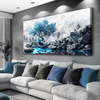 Canvas Wall Art for Living Room Black And White Landscape Tree 24x48 Inches - color: Blue Tree, size: 48"L x 24"W