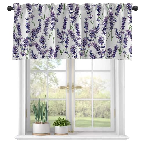 Watercolor Lavender Bunches Semi Sheer Valances - Rod Pocket Short Window Treatment, Light Filtering Decor for Kitchen, Living Room, Bedroom Windows - 42"x18" - color: Purple Lavender, size: 18"W x 42"L (Pack of 1)