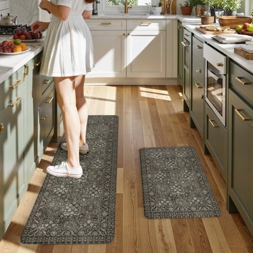 KIMODE Anti Fatigue Kitchen Mat 2PC,Waterproof Farmhouse Green Kitchen Rugs - color: Green/Grey, size: 59"L x 17.3"W x 0.47"Th + 29"L x 17.3"W x 0.47"Th