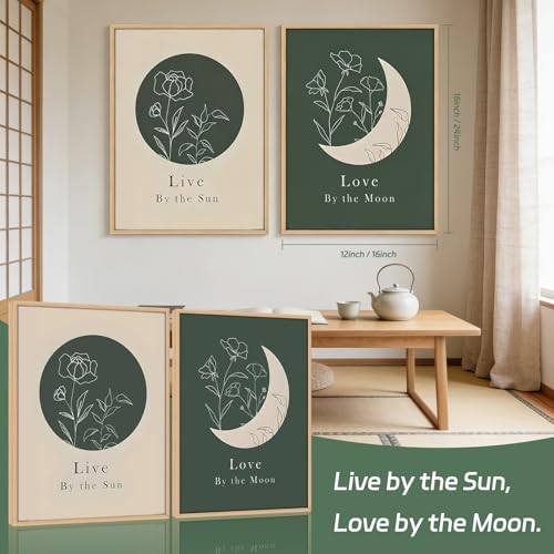 KBCXOY Sage Green Boho Sun and Moon Wall Art Bedroom Moon Phase Prints - color: Sun and Moon, size: 12 x 16 inches