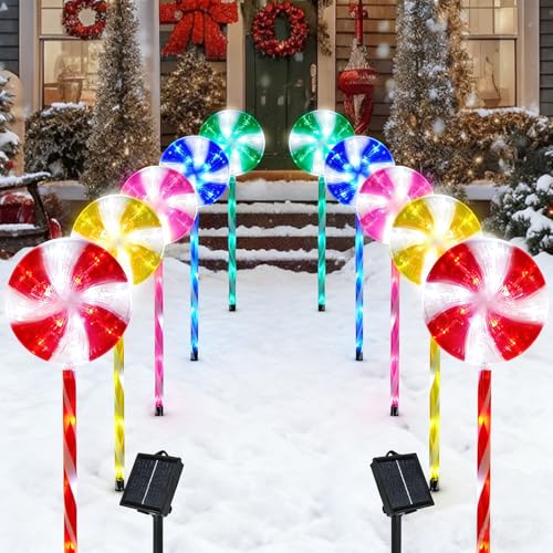 BRIGHTDECK 10 Pack Solar Christmas Pathway Lights, Multi Lollipop Stakes - color: Multicolor, size: 10Pack
