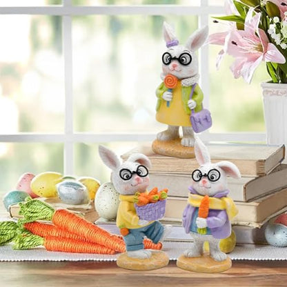 nuvagiki Spring Decorations for Home,3PCS Spring Bunny Figurines Decor, Rustic Farmhouse Bunny with Basket, Carrot Kitchen Table Tiered Tray Decor, Spring Office Classroom Decorations