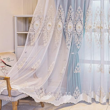 Amidoudou 1 Pair European Double Layer Curtains with Valance for Living Room Bedroom Luxury 3D Flower Embroidered Curtains (Blue,51x96 Inch) - color: Blue, size: 51"W x 96"L (Pack of 2)