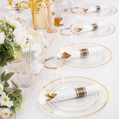 WELLIFE 350PCS Clear-Gold Plastic Plates - 100 Disposable Plates, 150Plastic Silverware, 50 Cups, 50 Napkins for Wedding & Party - color: Clear and Gold, style: 350PCS（50 Guests）
