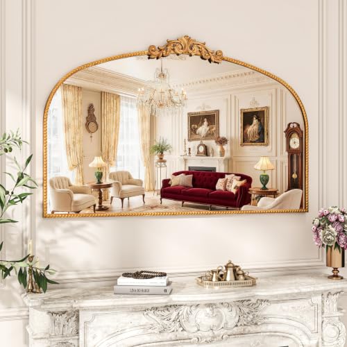 Vintage Gold Baroque Arched Metal Wall Mirror 48"x30" - size: 48"L x 30"W