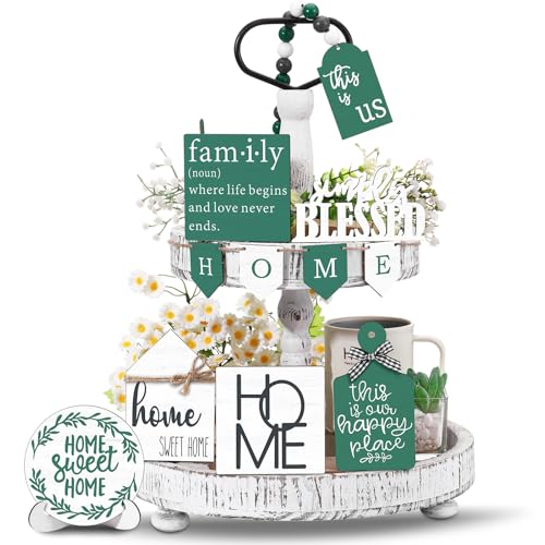 FairySandy 11 Pcs Home Tiered Tray Decor Green Rustic Wooden Signs - style: Green Style