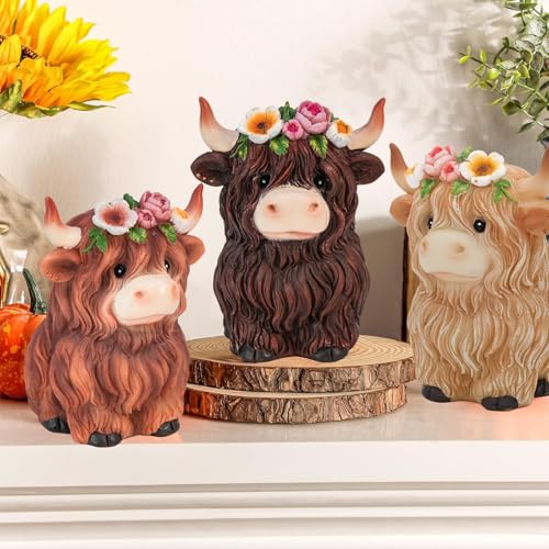 nuvagiki Highland Cow Decor Set of 3, Spring Farmhouse Highland Cow Figurines with Flower Crown, Cow Tiered Tray Decorations for Home Kitchen Table, Rustic Country Shelf Decor, Cow Gifts for Women